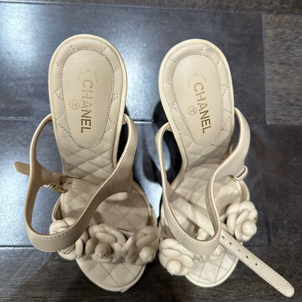 CHANEL Camellia Quilted Leather Block Heel Sandals Beige EU 38.5